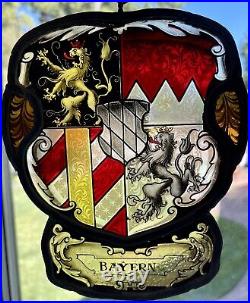 Antique German Medieval Armorial Crest Stained Glass Window Panel 19th Century