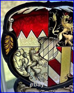 Antique German Medieval Armorial Crest Stained Glass Window Panel 19th Century