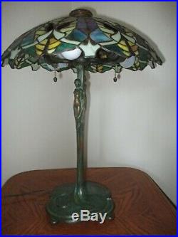 Antique Gorham Leaded Glass Lamp Bronze Base signed Reed & Barton Handel Tiffany