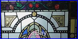 Antique Gothic Revival Leaded Stained Glass Window Saints Tudor Roses Painting