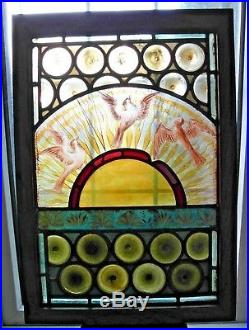 Antique Hand Painted Arts & Crafts Staind Glass Window In Oak Frame