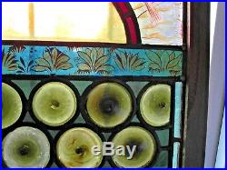 Antique Hand Painted Arts & Crafts Staind Glass Window In Oak Frame