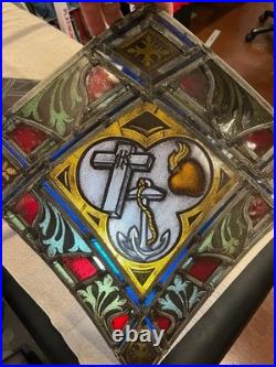 Antique Hand Painted & Leaded Stained Glass Church Window Panel Antique Hand Painted & Leaded Stained Glass Church Window Panel