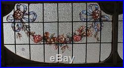 Antique Hand Painted Leaded Stained Glass Transom Window Iron Frame. 21 x 68