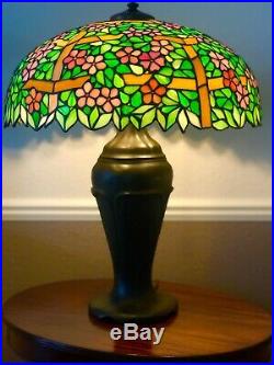 Antique Handel Large Apple Blossom Trellis Leaded Stained Glass Lamp