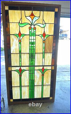 Antique Huge Gothic Style Stained Glass Window Wood Frame. GORGEOUS Leaded