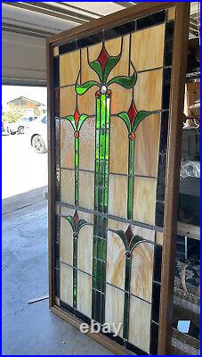 Antique Huge Gothic Style Stained Glass Window Wood Frame. GORGEOUS Leaded