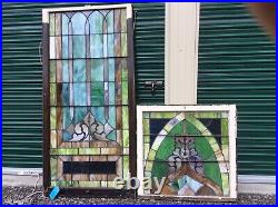 Antique Large 2 Piece Church Leaded Stain Glass Window -34 X 103-6 avail Nice