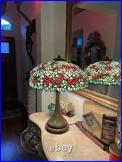 Antique Large Handel Poinsettia Leaded Glass Lamp, 18 W X 22 T
