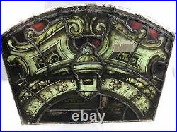 Antique Lead Stained Print Glass Window Gothic Architectural Salvage 19x23
