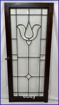 Antique Leaded Clear Beveled Glass Window 53x22 Casement Cabinet Door Tulip