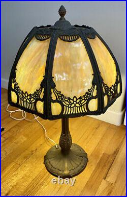 Antique Leaded Slag Glass Lamp Shade 8 Panel Large Ornate with Base