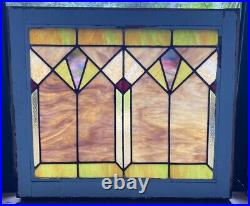 Antique Leaded Slag Stained Glass Window Wood Frame Chicago Style 28.5x24.75