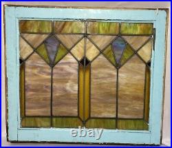 Antique Leaded Slag Stained Glass Window Wood Frame Chicago Style 28.5x24.75