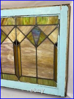 Antique Leaded Slag Stained Glass Window Wood Frame Chicago Style 28.5x24.75