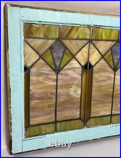 Antique Leaded Slag Stained Glass Window Wood Frame Chicago Style 28.5x24.75