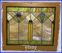 Antique Leaded Slag Stained Glass Window Wood Frame Chicago Style 28.5x24.75