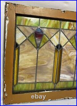 Antique Leaded Slag Stained Glass Window Wood Frame Chicago Style 28.5x24.75