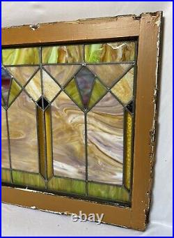 Antique Leaded Slag Stained Glass Window Wood Frame Chicago Style 28.5x24.75