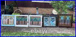 Antique Leaded Slag Stained Glass Window Wood Frame Chicago Style 28.5x24.75