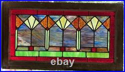 Antique Leaded Slag Stained Glass Window Wood Frame Chicago Style 31.75x18