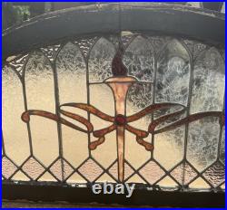 Antique Leaded Stained Glass Arch Window Torch Jewel & Clear Privacy Glass 48.5 Antique Leaded Stained Glass Arch Window Torch Jewel & Clear Privacy Glass 48.5