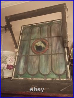 Antique Leaded Stained Glass Transom Window with Decorative Center Design