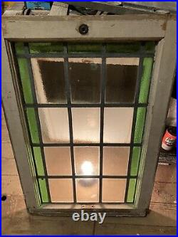 Antique Leaded Stained Glass Window Green & Privacy Glass 33 X 22
