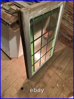 Antique Leaded Stained Glass Window Green & Privacy Glass 33 X 22