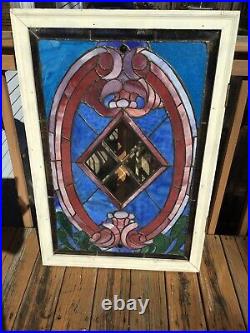 Antique Leaded Stained Glass Window Large 39.5 X 27