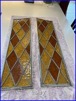 Antique Leaded Stained Glass Windows Pair Ember/Yellow approx 36 X 9 in