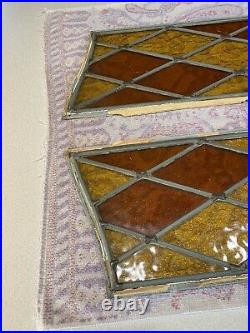Antique Leaded Stained Glass Windows Pair Ember/Yellow approx 36 X 9 in