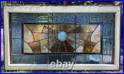 Antique Leaded Stained Slag Glass Window Bullseye Geometric 47.75x27 Transom
