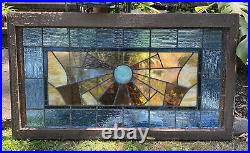 Antique Leaded Stained Slag Glass Window Bullseye Geometric 47.75x27 Transom