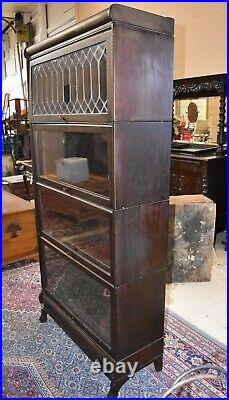 Antique Lundstrom Barrister Bookcase with Leaded Glass, 4 Stack