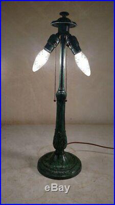 Antique MINT A&R lamp base /verdigris/frogged stained leaded glass Handel Era