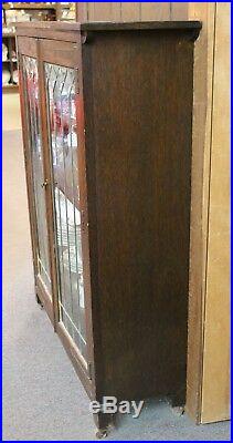 Antique MISSION Style Oak BOOKCASE CABINET with LEADED BEVELED GLASS Doors