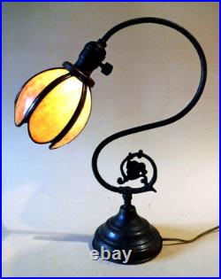 Antique Nouveau Arts Crafts Handel Era Stain Leaded Glass Shade Brass Lamp, 1900