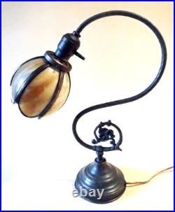 Antique Nouveau Arts Crafts Handel Era Stain Leaded Glass Shade Brass Lamp, 1900