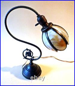 Antique Nouveau Arts Crafts Handel Era Stain Leaded Glass Shade Brass Lamp, 1900