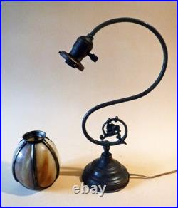 Antique Nouveau Arts Crafts Handel Era Stain Leaded Glass Shade Brass Lamp, 1900