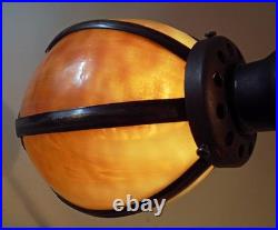 Antique Nouveau Arts Crafts Handel Era Stain Leaded Glass Shade Brass Lamp, 1900