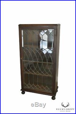 Antique Oak Arts & Crafts Style Leaded Glass Door Bookcase