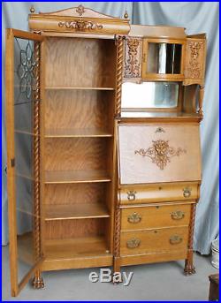 Antique Oak Side by Side Secretary Bookcase desk with leaded glass Fancy