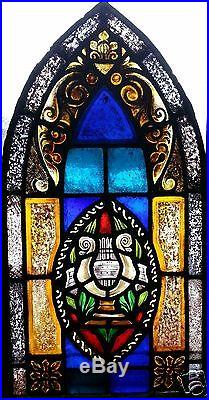 Antique Painted Stained Glass Leaded Gothic Window Religious Lyre Music Notes