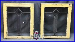 Antique Pair 18x21 Leaded Glass Window Sashes Beveled Diamond Old 815-24B