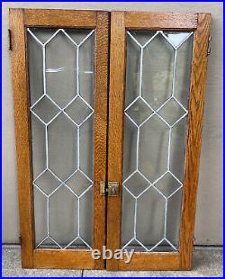 Antique Pair Leaded Glass Cabinet Case Doors Tiger Oak WAVY GLASS 17 Panels #B