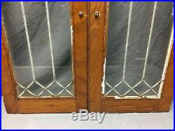 Antique Pair Oak Leaded Glass Book Case Doors 13x30 Vtg Cabinet Cupboard 424-20B