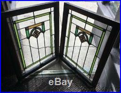 Antique Pair of Chicago Bungalow Stained Leaded Glass Window 34 x 26' ca. 1925