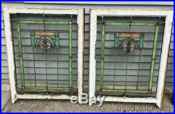 Antique Pair of Chicago Bungalow Stained Leaded Glass Window 34 x 26' ca. 1925
